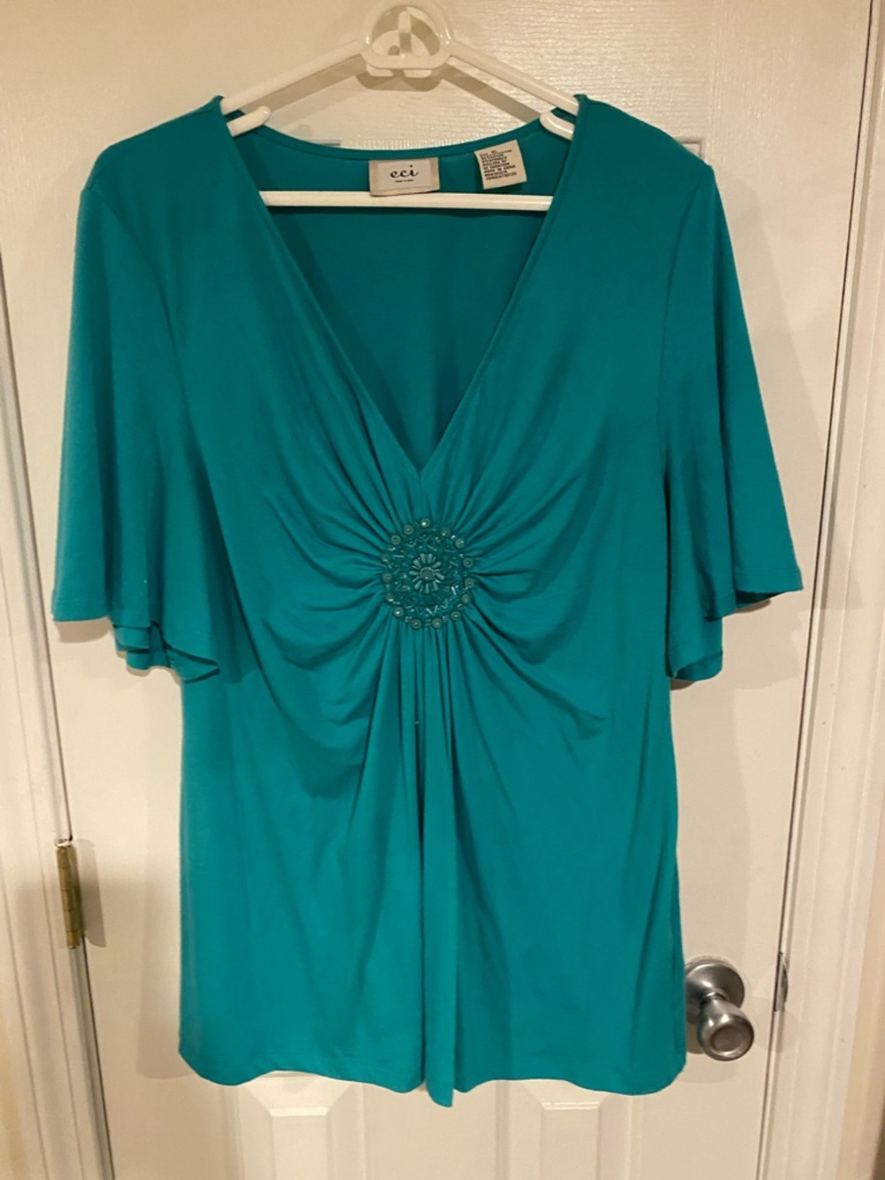 ECI Teal V-Neck Flutter Sleeve Top with Embellished Gather